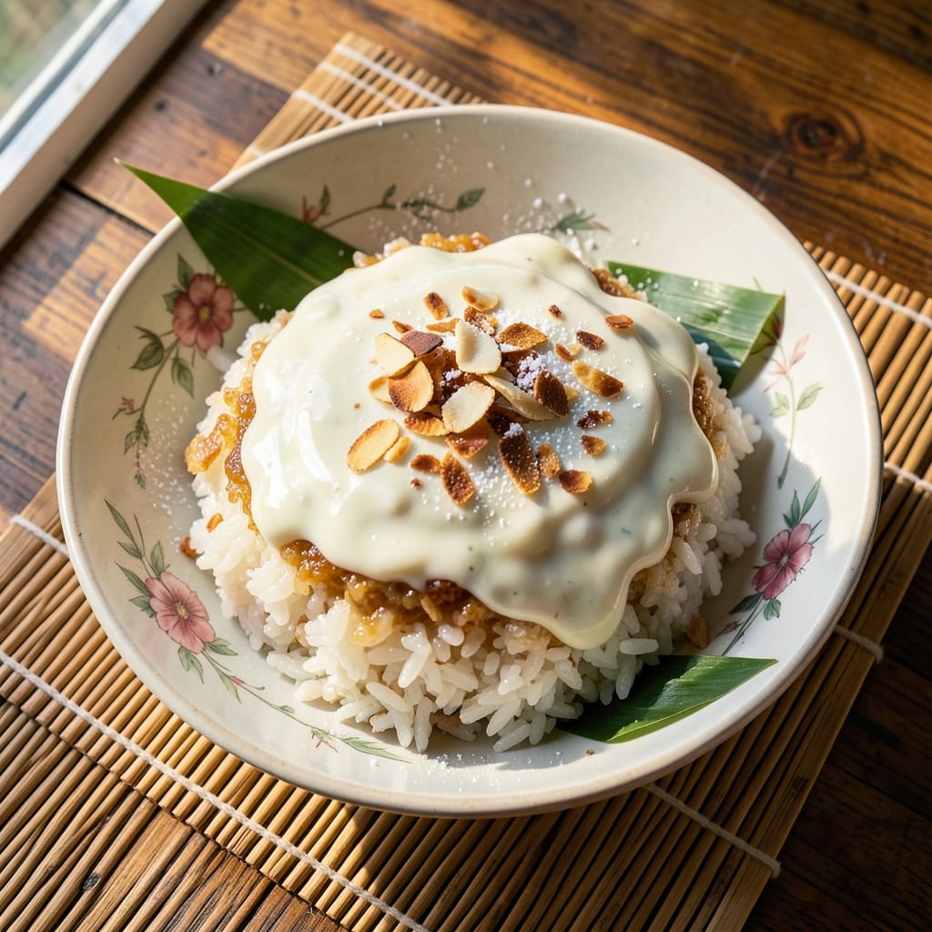 Asian Sweet Rice Dessert Recipe: Pandan Coconut Cream Dream with Crunchy Topping